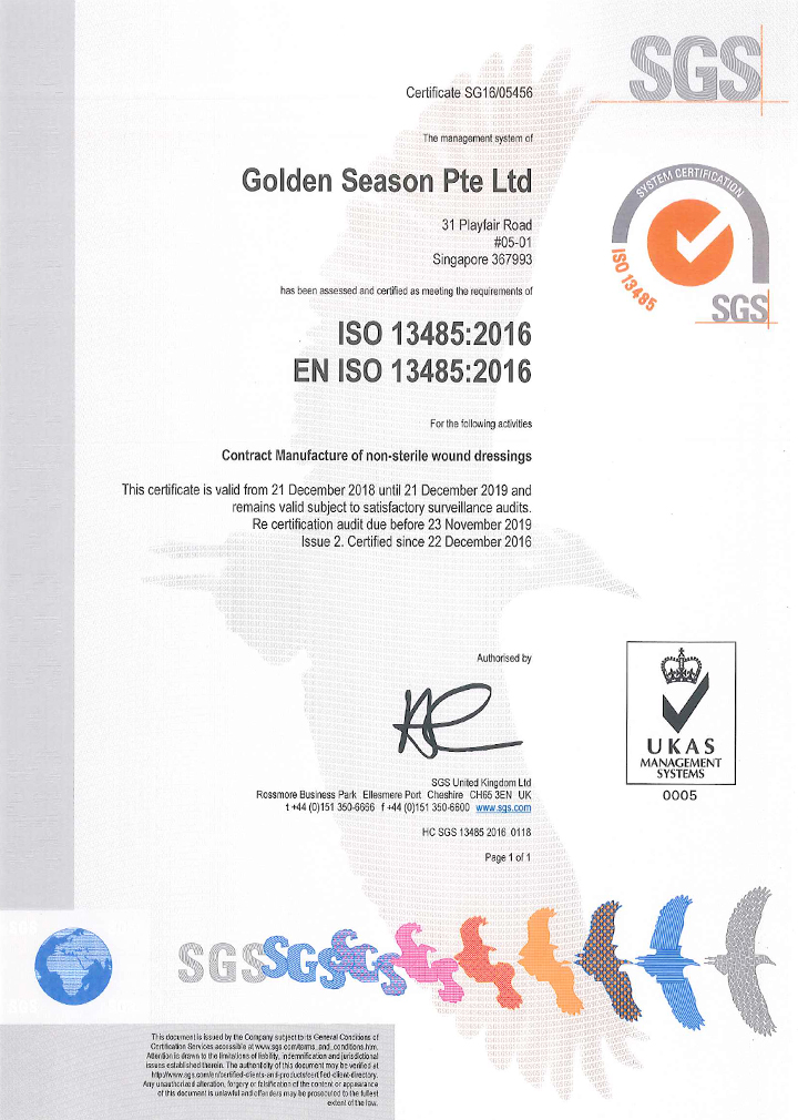 Golden Season - ISO13485:2016 - Contract Manufacturing of non-Sterile Wound Dressings